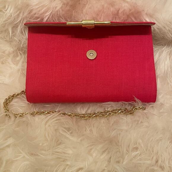 Vintage RODO Italy Red Clutch | Silk-Linen Purse, Brass Clasp + Chain Strap - Picture 11 of 13